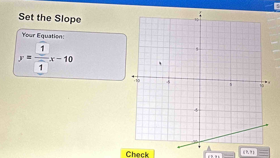 Set the Slope 
Your Equation:
y= 1/1 x-10
Check
(?,?) =
(?,?)