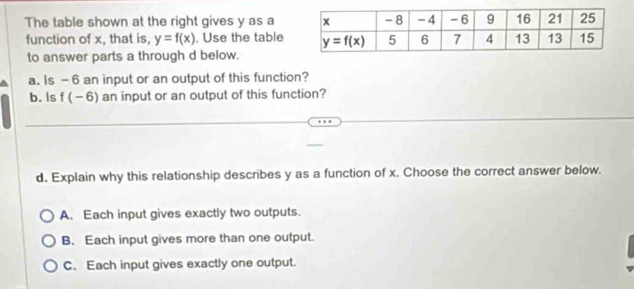 The table shown at the right gives y as a
function of x, that is, y=f(x). Use the table
to answer parts a through d below.
a. Is - 6 an input or an output of this function?
b. ls f(-6) an input or an output of this function?
d. Explain why this relationship describes y as a function of x. Choose the correct answer below.
A. Each input gives exactly two outputs.
B. Each input gives more than one output.
C. Each input gives exactly one output.