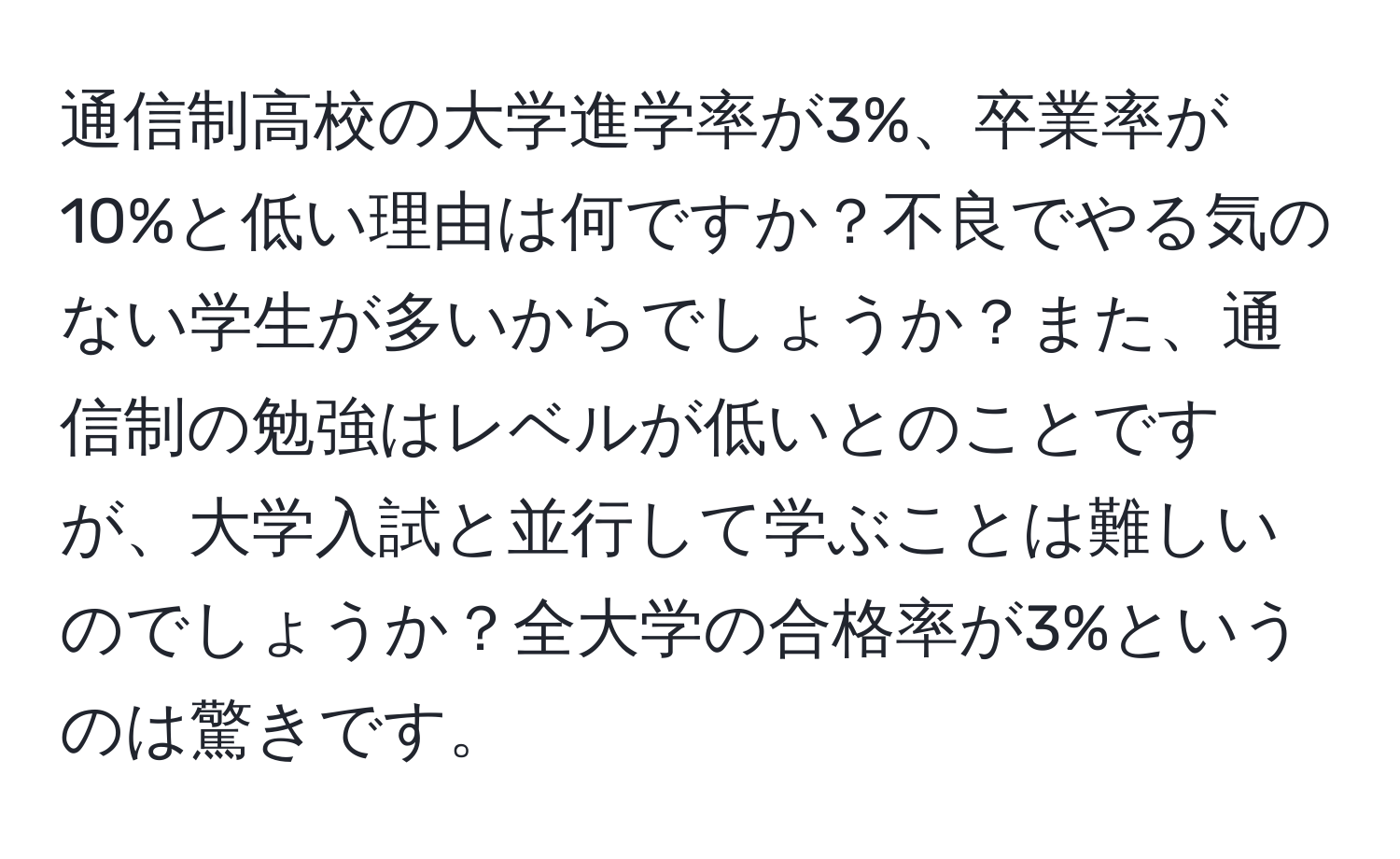 通信制高校の大学進学率が3%、卒業率が10%と低い理由は何ですか？不良でやる気のない学生が多いからでしょうか？また、通信制の勉強はレベルが低いとのことですが、大学入試と並行して学ぶことは難しいのでしょうか？全大学の合格率が3%というのは驚きです。