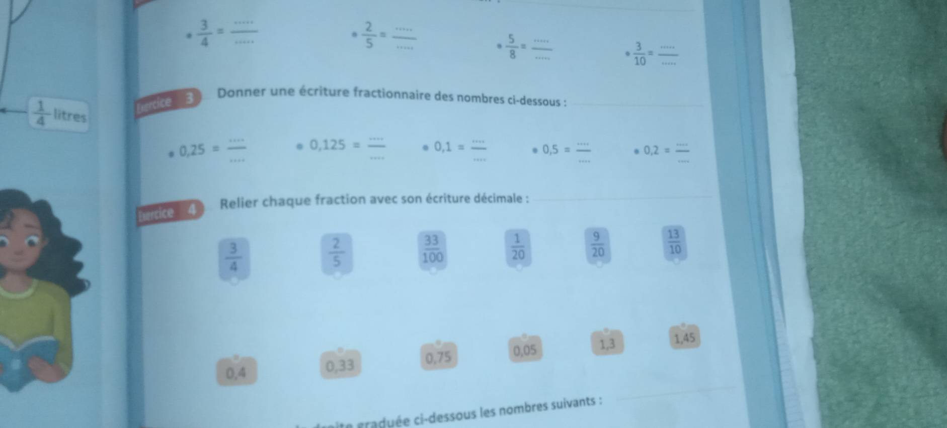 ·  3/4 =
_  2/5 =
 5/8 = __
 3/10 = _ 
Exercice 3 Donner une écriture fractionnaire des nombres ci-dessous :_
 1/4  litres
0,25=frac ·s 
0,125=frac ..
0,1= ·s /·s  
0,5= ·s /·s   0,2=
Relier chaque fraction avec son écriture décimale :_ 
Evercice 4
 3/4 
 2/5 
 33/100 
 1/20 
 9/20 
 13/10 
0,75 0,05
1,3
1,45
_
0,4 0,33
Le graduée ci-dessous les nombres suivants :