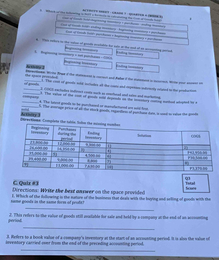 ACTIVITY SHEET - GRADE 7 - QUARTER 4 (WEEK 3)
3. Which of the following is NOT a formula in calculating the Cost of Goods Sold? 2
Cost of Goods Sold=beginning inventory + purchases - ending inventory
Cost of Goods Sold= ending inventory - beginning inventory + purchases
Cost of Goods Sold= purchases + beginning inventory + purchases
4. This refers to the value of goods available for sale at the end of an accounting period.
Beginning Inventory Ending Inventory
5. Beginning inventory + net purchases - COGS.
Beginning Inventory Ending Inventory
Activity 2
the space provided.
_Directions: Write True if the statement is correct and Fulse if the statement is incorrect. Write your answer on
of goods.
1. The cost of goods sold includes all the costs and expenses indirectly related to the production
_2. COGS excludes indirect costs such as overhead and sales and marketing.
company.
_3. The value of the cost of goods sold depends on the inventory costing method adopted by a
_4. The latest goods to be purchased or manufactured are sold first.
sold.
_5. The average price of all the stock goods, regardless of purchase date, is used to value the goods
Activity 3
Directions: Complete the ta
Q3
C. Quiz #3 Total
Directions: Write the best answer on the space provided Score
1. Which of the following is the nature of the business that deals with the buying and selling of goods with the
same goods in the same form of profit?
_
2. This refers to the value of goods still available for sale and held by a company at the end of an accounting
period.
_
3. Refers to a book value of a company’s inventory at the start of an accounting period. It is also the value of
inventory carried over from the end of the preceding accounting period.
_