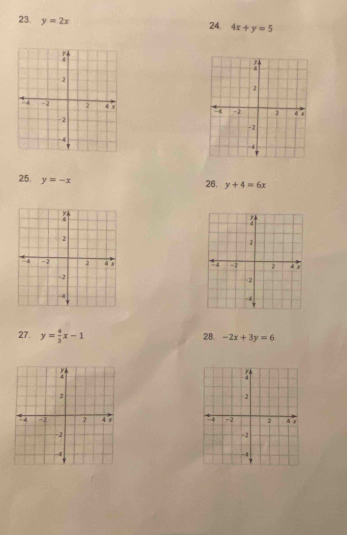 y=2x 24. 4x+y=5

25. y=-x
26. y+4=6x
27. y= 4/3 x-1 28. -2x+3y=6
2
2
-4 -2 2 4 x 4 -2 2 A x
-2
-2
-4
-4