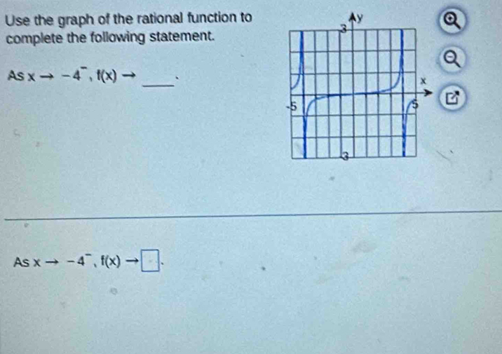 Use the graph of the rational function to
complete the following statement.
Asxto -4^-, f(x) - _`
As xto -4^-, f(x)to □.