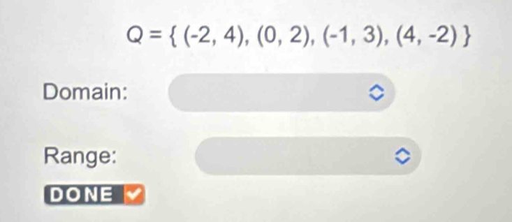 Q= (-2,4),(0,2),(-1,3),(4,-2)
Domain: 
Range: 
DONE