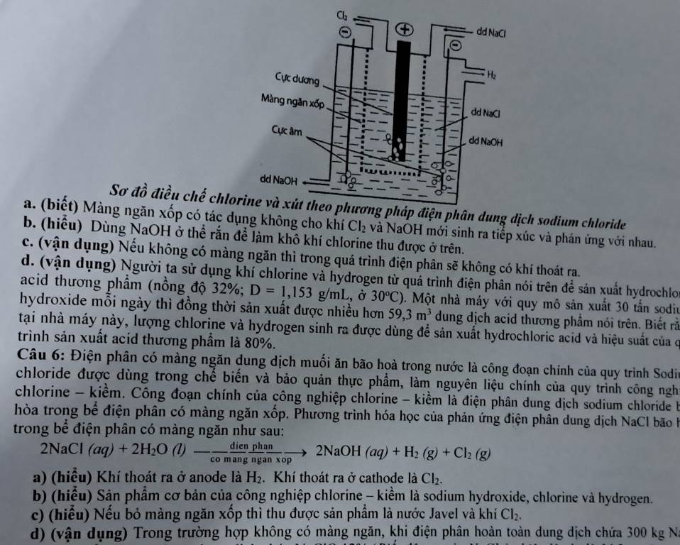 Sơ đồ điều chế chlorine và xút theo phương pháp điện phân dung dịch sodium chloride
a. (biết) Màng ngăn xốp có tác dụg không cho khí Cl_2 và NaOH mới sinh ra tiếp xúc và phản ứng với nhau.
b. (hiểu) Dùng NaOH ở thể rắn để làm khô khí chlorine thu được ở trên.
c. (vận dụng) Nếu không có màng ngăn thì trong quá trình điện phân sẽ không có khí thoát ra.
d. (vận dụng) Người ta sử dụng khí chlorine và hydrogen từ quá trình điện phân nói trên để sản xuất hydrochlo
acid thương phẩm (nồng độ 32%; D=1,153g/mL, Ở 30^oC). Một nhà máy với quy mô sản xuất 30 tần sodit
hydroxide mỗi ngày thì đồng thời sản xuất được nhiều hơn 59,3m^3 dung dịch acid thương phẩm nói trên. Biết rằ
tại nhà máy này, lượng chlorine và hydrogen sinh ra được dùng để sản xuất hydrochloric acid và hiệu suất của ở
trình sản xuất acid thương phẩm là 80%.
Câu 6: Điện phân có màng ngăn dung dịch muối ăn bão hoà trong nước là công đoạn chính của quy trình Sodi
chloride được dùng trong chế biến và bảo quản thực phẩm, làm nguyên liệu chính của quy trình công ngh
chlorine - kiềm. Công đoạn chính của công nghiệp chlorine - kiềm là điện phân dung dịch sodium chloride b
hòa trong bể điện phân có màng ngăn xốp. Phương trình hóa học của phản ứng điện phân dung dịch NaCl bão h
trong bể điện phân có màng ngăn như sau:
2NaCl(aq)+2H_2O (l) - dienphan/comang frac ngan* opto 2NaOH(aq)+H_2(g)+Cl_2(g)
a) (hiều) Khí thoát ra ở anode là H_2. Khí thoát ra ở cathode là Cl_2.
b) (hiểu) Sản phẩm cơ bản của công nghiệp chlorine - kiểm là sodium hydroxide, chlorine và hydrogen.
c) (hiểu) Nếu bỏ màng ngăn xốp thì thu được sản phẩm là nước Javel và khí Cl_2.
d) (vận dụng) Trong trường hợp không có màng ngăn, khi điện phân hoàn toàn dung dịch chứa 300 kg N