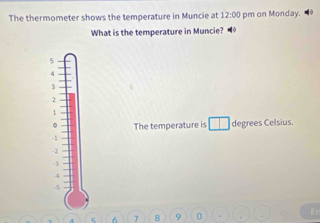 The thermometer shows the temperature in Muncie at 12:00 pm on Monday. 
What is the temperature in Muncie?
5
4
3
2
1
0 The temperature is degrees Celsius.
-1
-2
-3
-4
-5
A 5 6 7 8 9 0 Er