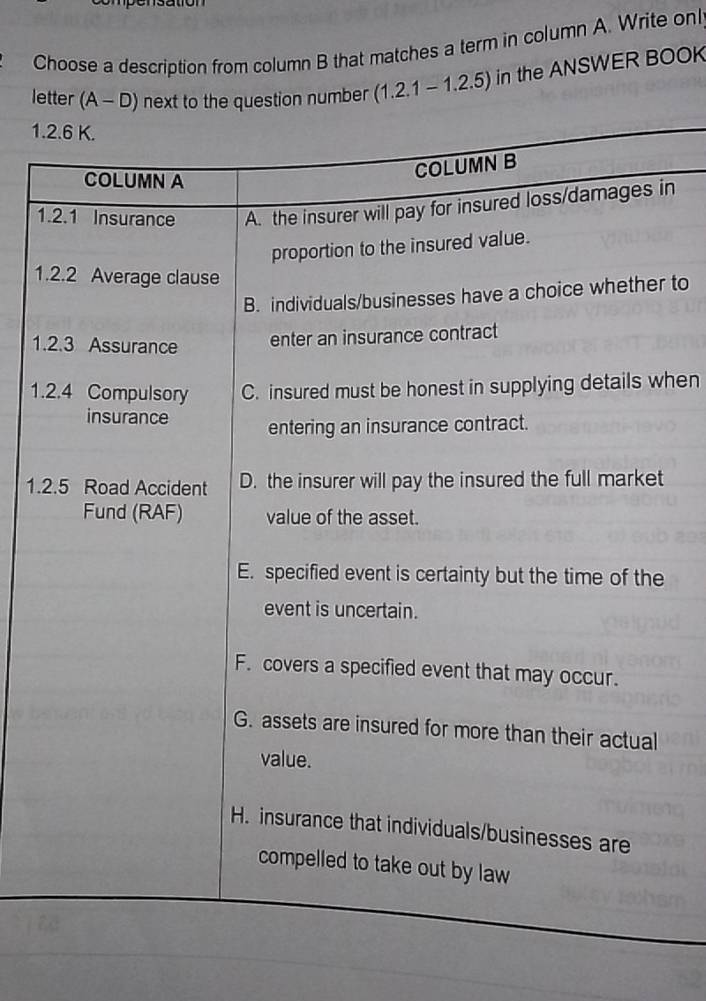 Choose a description from column B that matches a term in column A. Write onl 
letter a (A-D) next to the question number (1.2.1-1.2.5) in the ANSWER BOOK 
1. 
1in 
1 
r to 
1. 
1.hen 
1.t 
e