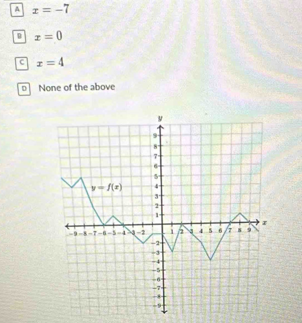 A x=-7
B x=0
c x=4
D None of the above