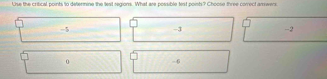 Use the critical points to determine the test regions. What are possible test points? Choose three correct answers.
-5
-3
-2
0
-6