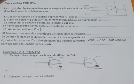 Le trajet d'un faisceau de lumière renvoyé par la mer pénèt 
dans l'œil selon le schéma suivant : 
1) Donner la nature de la lentille représentée ci-dessus_ 
2) Citer un autre type de lentille et donner son schéma de représentation_ 
La valeur de la distance focale de la lentille est 2cm. 
3) Faire apparaître cette distance focale sur le schéma_ 
On donne la relation : C= 1/f 
4) Nommer chacune des grandeurs utilisées dans la relation_ 
5) Donner le nom et le symbole des unités de ces grandeurs_ 
6) Faire le calcul de C et choisir parmi les valeurs suivantes : b 50 delta :+0.5delta :-50delta celle qui 
correspond à la lentille précédente_ 
Exercice3:( 4 POINTS) 
1. Indiquer dans chaque cas le nom du défaut de l'œil 
2. Comment corrige-t-on ces défauts