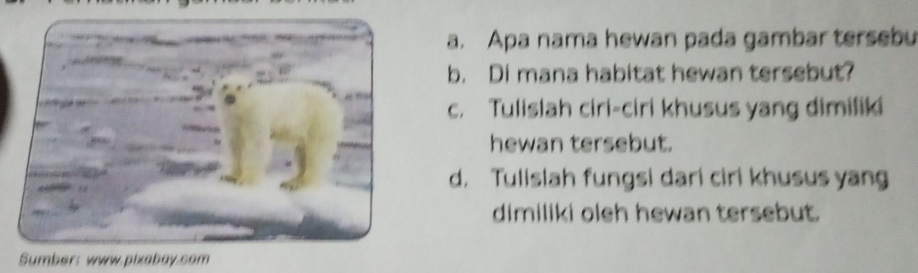 Apa nama hewan pada gambar tersebu 
b. Di mana habitat hewan tersebut? 
c. Tulislah ciri-ciri khusus yang dimilik 
hewan tersebut. 
d. Tulislah fungsi dari ciri khusus yang 
dimiliki oleh hewan tersebut. 
Sumber: www.pixabay.com