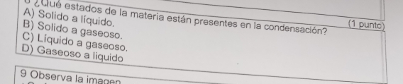 acue estados de la materia están presentes en la condensación? (1 puntc)
A) Solido a líquido.
B) Solido a gaseoso.
C) Líquido a gaseoso.
D) Gaseoso a liquido
9 Observa la imagen