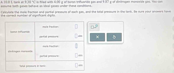 A 10.0 L tank at 9.38°C is filled with 4,00 g of boron trifluoride gas and 9.87 g of dinitrogen monoxide gas. You can 
assume both gases behave as ideal gases under these conditions. 
Calculate the mole fraction and partial pressure of each gas, and the total pressure in the tank. Be sure your answers have 
the correct number of significant digits.
□ .10^(□)
× 5