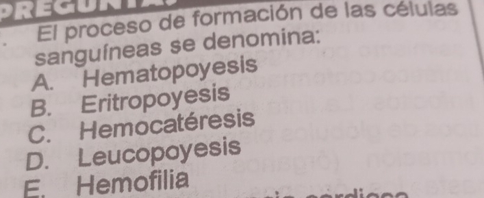 pregui
El proceso de formación de las células
sanguíneas se denomina:
A. Hematopoyesis
B. Eritropoyesis
C. Hemocatéresis
D. Leucopoyesis
E. Hemofilia