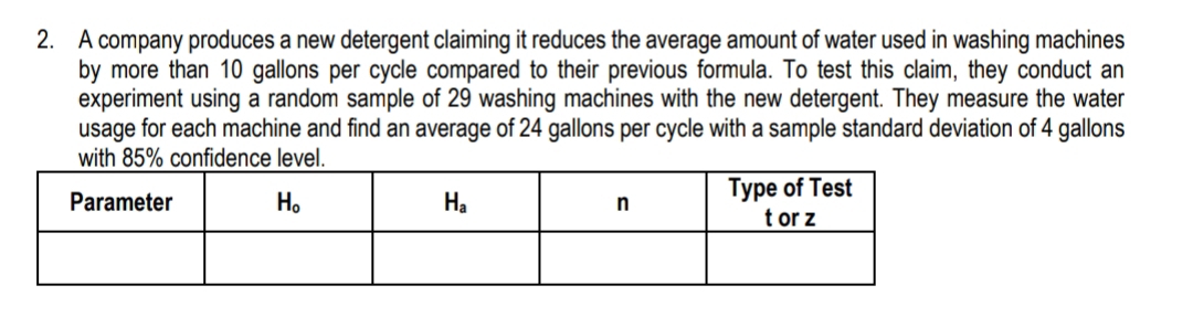 A company produces a new detergent claiming it reduces the average amount of water used in washing machines
by more than 10 gallons per cycle compared to their previous formula. To test this claim, they conduct an
experiment using a random sample of 29 washing machines with the new detergent. They measure the water
usage for each machine and find an average of 24 gallons per cycle with a sample standard deviation of 4 gallons
with 85% confidence level.