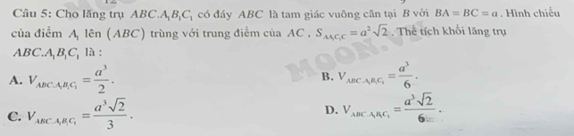 Cho lăng trụ ABC. ABC có đáy ABC là tam giác vuông cân tại B với BA=BC=a. Hình chiếu
của điểm A_11hat en(ABC) trùng với trung điểm của AC , S_M_1C_1C=a^2sqrt(2). Thể tích khổi lăng trụ
ABC. AB, C, là :
A. V_ABC⊥ A_1B_1C_1= a^3/2 . B. V_ABCA_1B_1C_1= a^3/6 .
C. V_ABCA_1B_1C_1= a^3sqrt(2)/3 . V_ABCA_1B_1C_1= a^3sqrt(2)/6 . 
D.