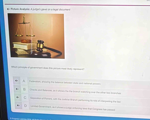 Picture Analysis: A judge's gavel on a legal document
Which principle of government does this picture most likely represent?
Federalism, showing the balance between state and national powers
B Checks and Balances, as it shows the the branch watching over the other two branches
C Separation of Powers, with the Judicial Branch performing its role of interpreting the law
Limited Government, as it shows a judge enforcing laws that Congress has passed