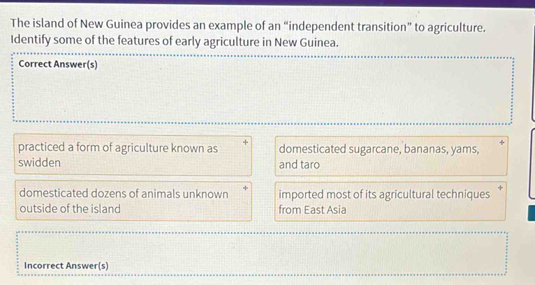 The island of New Guinea provides an example of an “independent transition” to agriculture.
Identify some of the features of early agriculture in New Guinea.
Correct Answer(s)
practiced a form of agriculture known as domesticated sugarcane, bananas, yams,
swidden and taro
domesticated dozens of animals unknown imported most of its agricultural techniques
outside of the island from East Asia
Incorrect Answer(s)