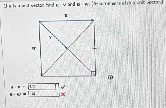 If u is a unit vector, find u - v and u· w (Assume w is also a unit vector) . 
o
u· v=1/2
u· w=1/4 ×