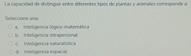 La capacidad de distinguir entre diferentes tipos de plantas y animales corresponde a:
Seleccione una:
a. Inteligencia lógico-matemática
b. Inteligencia intrapersonal
c. Inteligencia naturalística
d. Inteligencia espacial