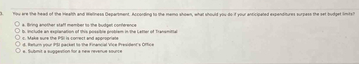 You are the head of the Health and Wellness Department. According to the memo shown, what should you do if your anticipated expenditures surpass the set budget limits?
a. Bring another staff member to the budget conference
b. Include an explanation of this possible problem in the Letter of Transmittal
c. Make sure the PSI is correct and appropriate
d. Return your PSI packet to the Financial Vice President's Office
e. Submit a suggestion for a new revenue source