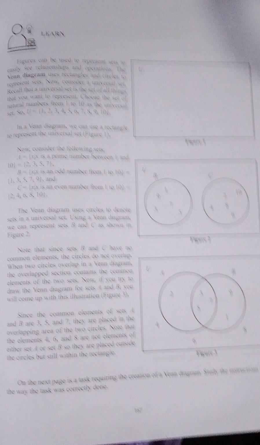 LEARN
Figures can be used to represent sets to
easily see relationships and operations. The
Venn diagram uses rectangles and circles to
represent sets. Now, consider a univers  se
Recall that a universal set is the set of all things
that you want to represent. Choose the set of
natural numbers from 1 to 10 as the universal
set. XO, U= 1,2,3,4,5,6,7,8,9,10 .
In a Venn diagram, we can use a rectangle
to represent the universal set (Figure 1),
t wore !
Now, consider the following sets;
A= x|xisa prime number between 1 and
10 = 2,3,5,7 ,
B= x|xisand odd number from 1to10,to3=
 1,3,5,7,9 ,and
C= x|x is     vn number from . 110,10 =
 2,4,6,8,10 .
The Venn diagram uses circles to denot
sets in a universal set. Using a Venn diagram
we can represent sets Band C as shown i
Figure 2.
Note that since sets B and C have no
common elements, the circles do not oxerlap.
When two circles overlap in a Venn diagram,
the overlapped section contains the common
elements of the two sets. Now, if you try to
draw the Venn diagram for sets A and B, you
will come up with this illustration (Figure 3).
Since the common elements of sets 
and B are 3, 5, and 7, they are placed in th
overlapping area of the two circles. Note tha
the elements 4, 6, and 8 are not elements o
either set A or set B so they are placed outsid
the circles but still within the rectangle.
On the next page is a task requiring the creation of a Xenn dingram. Surky the maas tom
the way the task was correctly done.
a