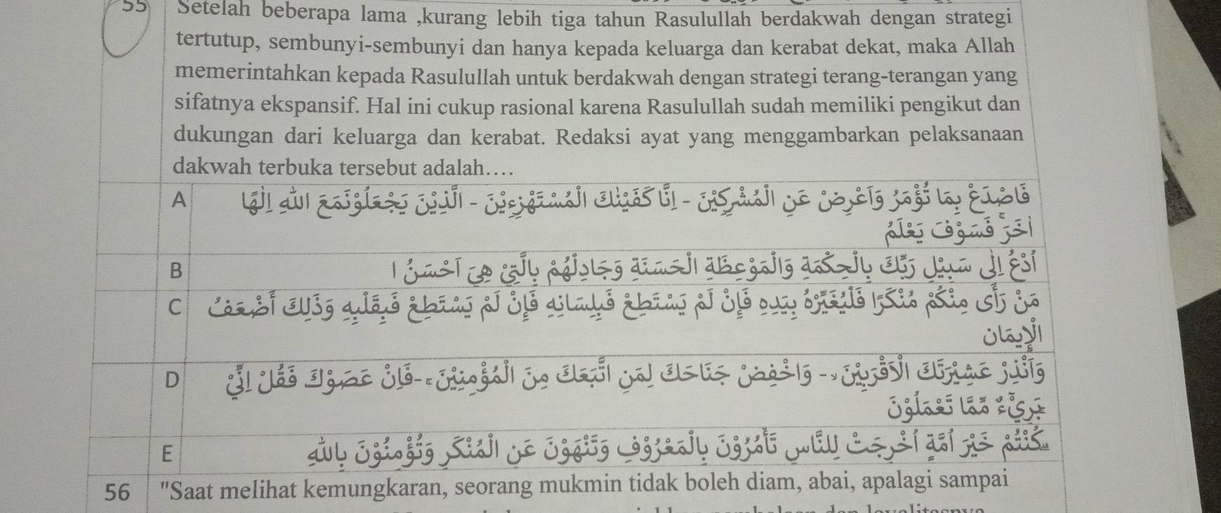 Setelah beberapa lama ,kurang lebih tiga tahun Rasulullah berdakwah dengan strategi
tertutup, sembunyi-sembunyi dan hanya kepada keluarga dan kerabat dekat, maka Allah
memerintahkan kepada Rasulullah untuk berdakwah dengan strategi terang-terangan yang
sifatnya ekspansif. Hal ini cukup rasional karena Rasulullah sudah memiliki pengikut dan
dukungan dari keluarga dan kerabat. Redaksi ayat yang menggambarkan pelaksanaan
dakwah terbuka tersebut adalah…
A

B
lsg d n a Jlg
C ¿l aladó abíús S Š6 o 
Si ª
ja
D
Sglazi láo zs
E
56 S "Saat melihat kemungkaran, seorang mukmin tidak boleh diam, abai, apalagi sampai