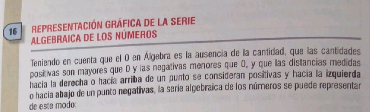 Representación Gráfica de la serie 
ALGEBRAICA DE LOS NÚMEROS 
Teniendo en cuenta que el 0 en Álgebra es la ausencia de la cantidad, que las cantidades 
positivas son mayores que 0 y las negativas menores que 0, y que las distancias medidas 
hacia la derecha o hacia arriba de un punto se consideran positivas y hacia la izquierda 
o hacia abajo de un punto negativas, la serie algebraica de los números se puede representar 
de este modo: