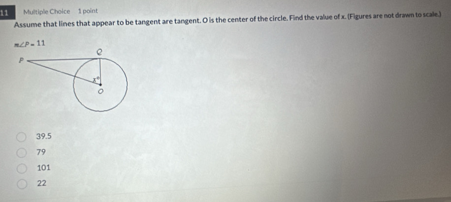 Assume that lines that appear to be tangent are tangent. O is the center of the circle. Find the value of x. (Figures are not drawn to scale.)
m∠ P=11
39.5
79
101
22