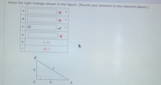 Solve the right triangle shown in the figure. (Round your answers to two decimal places.)