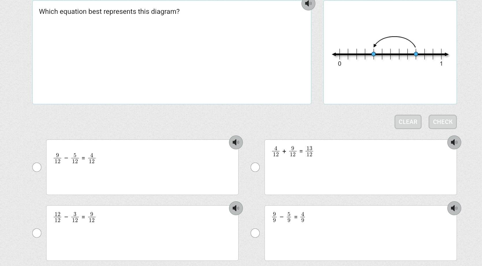 Which equation best represents this diagram?
CLEAR CHECK
 9/12 - 5/12 = 4/12 
 4/12 + 9/12 = 13/12 
 12/12 - 3/12 = 9/12 
 9/9 - 5/9 = 4/9 