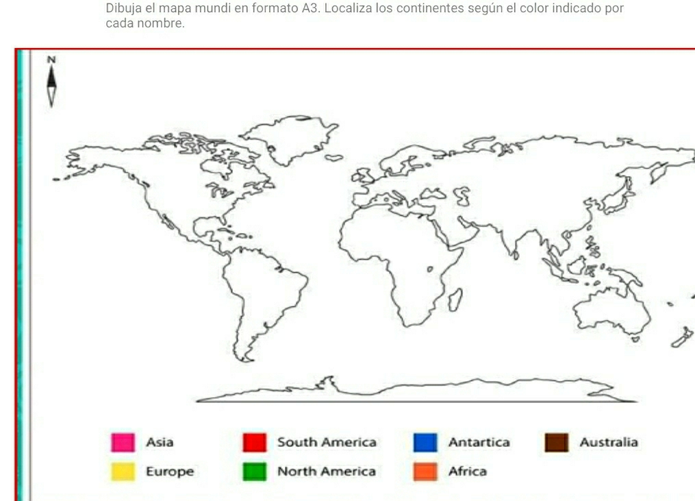 Dibuja el mapa mundi en formato A3. Localiza los continentes según el color indicado por 
cada nombre.