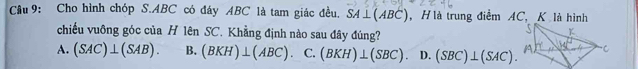 Cho hình chóp S. ABC có đáy ABC là tam giác đều. SA⊥ (ABC) , H là trung điểm A
chiếu vuông góc của H lên SC. Khẳng định nào sau đây đúng?
A. (SAC)⊥ (SAB). B. (BKH)⊥ (ABC) C. (BKH)⊥ (SBC). D. (SBC)⊥ (SAC).