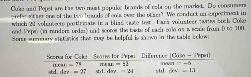 Coke and Pepsi are the two most popular brands of cola on the market. Do consumers
prefer either one of the two brands of cola over the other? We conduct an experiment in
which 20 volunteers participate in a blind taste test. Each volunteer tastes both Coke
and Pepsi (in random order) and scores the taste of each cola on a scale from 0 to 100.
Some summary statistics that may be helpful is shown in the table below: