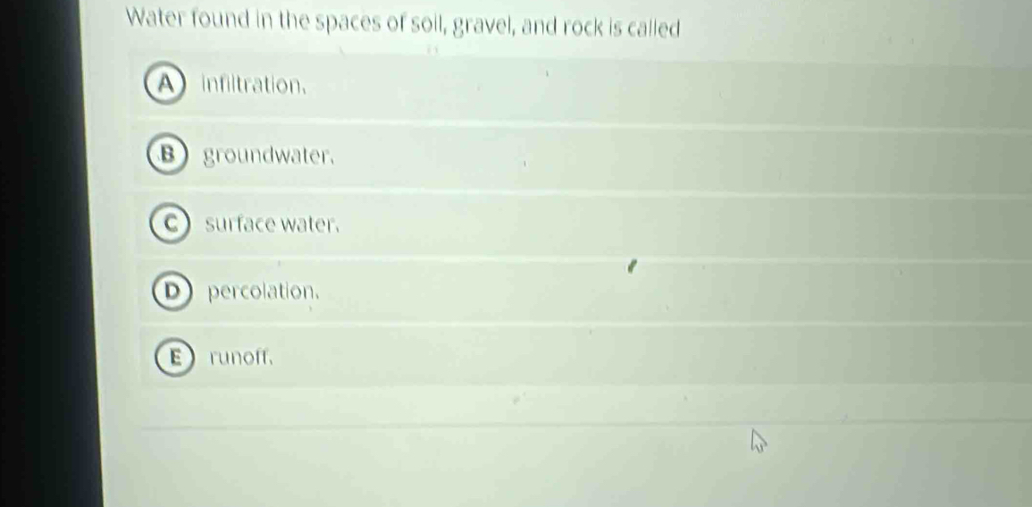 Water found in the spaces of soil, gravel, and rock is called
A infiltration.
B groundwater.
C surface water.
D percolation.
Erunoff.