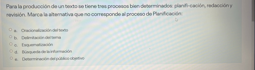 Para la producción de un texto se tiene tres procesos bien determinados: planifi-cación, redacción y
revisión. Marca la alternativa que no corresponde al proceso de Planificación:
a. Oracionalización del texto
b. Delimitación del tema
c. Esquematización
d. Búsqueda de la información
e. Determinación del público objetivo