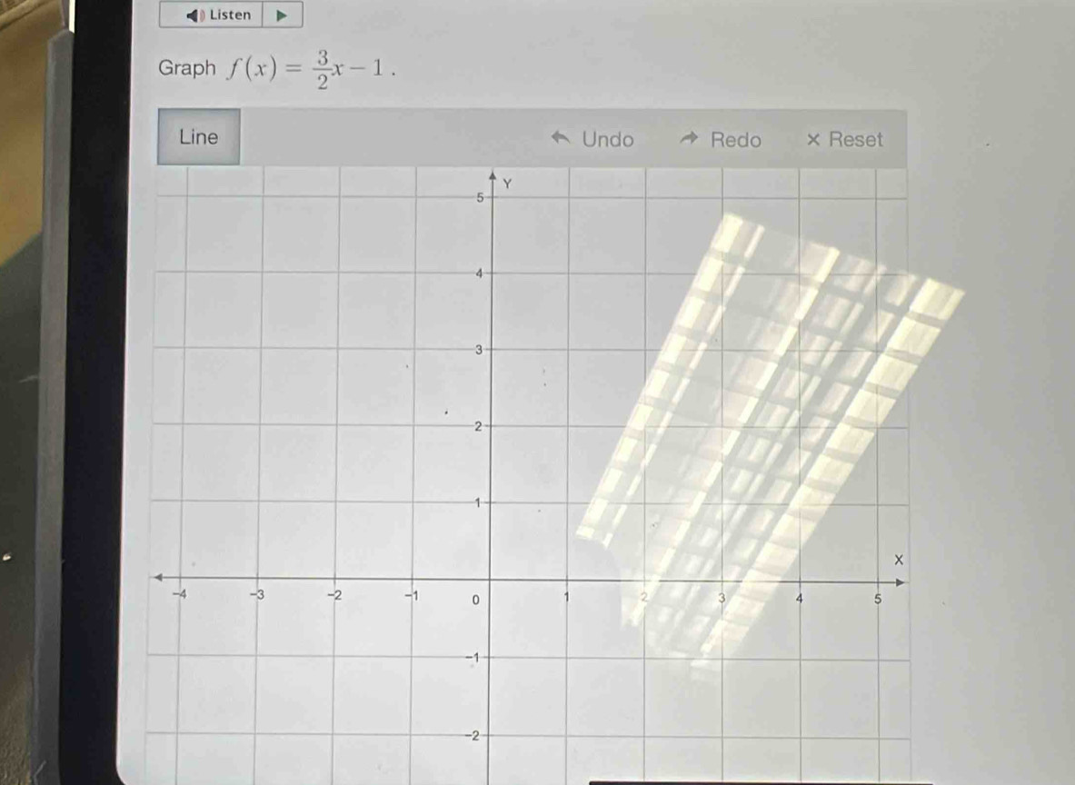 Listen 
Graph f(x)= 3/2 x-1. 
Line Undo Redo × Reset