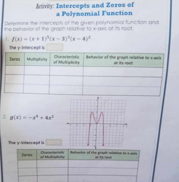 Activity: Intercepts and Zeros of 
a Polynomial Function 
Determine the intercepts of the given polynomial function and 
the behavior of the graph relative to x-axis at its root. 
1. f(x)=(x+1)^5(x-3)^3(x-4)^2
The y-intercept is □ 
2. g(x)=-x^4+4x^2
The y-intercept is □ 
Characteristic Behavior of the graph relative to x-axis 
Zeros of Multiplicity at its root