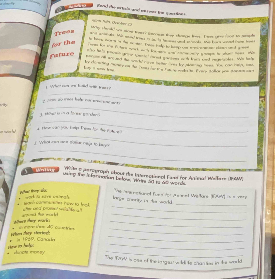 charily 
chority 
Reading Read the article and answer the questions. 
Minh Trần, October 22 
Why should we plant trees? Because they change lives. Trees give food to people 
Trees and animals. We need trees to build houses and schoals. We burn wood from trees 
to keep warm in the winter. Trees help to keep our environment clean and green. 
for the Trees for the Future work with farmers and community groups to plant trees. We 
also help people grow special forest gardens with fruits and vegetables. We help 
Future people all around the world have better lives by planting trees. You can help, too, 
by donating money on the Trees for the Future website. Every dollar you donate can 
buy a new tree. 
1. What can we build with trees? 
_ 
_ 
2. How do trees help our environment? 
arity. 
3. What is in a forest garden? 
_ 
e world. 
_ 
4. How can you help Trees for the Future? 
5. What can one dollar help to buy? 
_ 
Writing 
Write a paragraph about the International Fund for Animal Welfare (IFAW) 
using the information below. Write 50 to 60 words. 
What they do: 
The International Fund for Animal Welfare (IFAW) is a very 
work to save animals 
_ 
large charity in the world. 
teach communities how to look 
_ 
after and protect wildlife all 
around the world 
Where they work: 
_ 
_ 
in more than 40 countries_ 
When they started: 
* in 1969, Canada 
_ 
How to help: 
_ 
donate money 
_ 
The IFAW is one of the largest wildlife charities in the world.