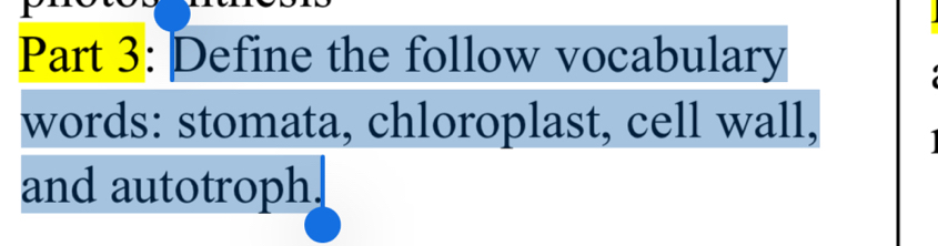 Define the follow vocabulary 
words: stomata, chloroplast, cell wall, 
and autotroph.