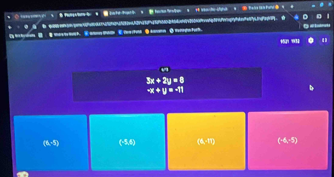 mnaa _ Paying a Game O Reaction Time Espe Inbas (56)> 25ghul w The ise Eide Portel 
qu202.com/jon/pare/U2Fed0VAX14252FAD4352820vLf284252F4252FKMOi2fR84ljoNQV20DAXPrvvaNp50VcFf1sgVyFekxvFw07yL9ivjF2q05Pj
Ca 9ve Borshsha _ What in the Work) P. Girtionary EPaNeDH ⑥ Clevn Portst ● Avancemas ● Washington PestTh. All CouAmark D
9521 1932 【)
3x+2y=8
-x+y=-11
(6,-5)
(-5,6)
(6,-11)
(-6,-5)