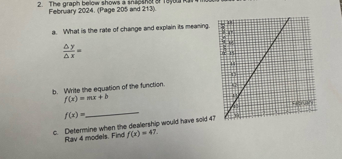 The graph below shows a snapshot of Toyota Rav 
February 2024. (Page 205 and 213). 
a. What is the rate of change and explain its meaning.
 △ y/△ x =
b. Write the equation of the function.
f(x)=mx+b
_ f(x)=
c. Determine when the dealership would have sold 4
Rav 4 models. Find f(x)=47.