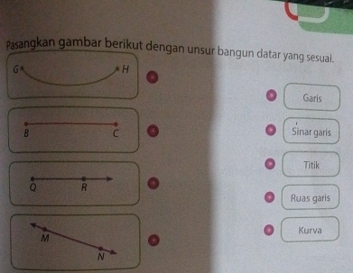 Pasangkan gambar berikut dengan unsur bangun datar yang sesuai. 
Garis 
B C Sinar garis 
Titik
Q R
Ruas garis 
Kurva
M
N