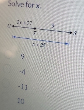 Solve for x.
U 2x+27 9
I
S
x+25
9
-4
-11
10