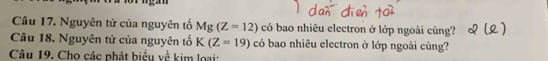 Nguyên tử của nguyên tố Mg(Z=12) có bao nhiêu electron ở lớp ngoài cùng? 
Câu 18. Nguyên tử của nguyên tố K(Z=19) có bao nhiêu electron ở lớp ngoài cùng? 
Câu 19. Cho các phát biểu về kim loại: