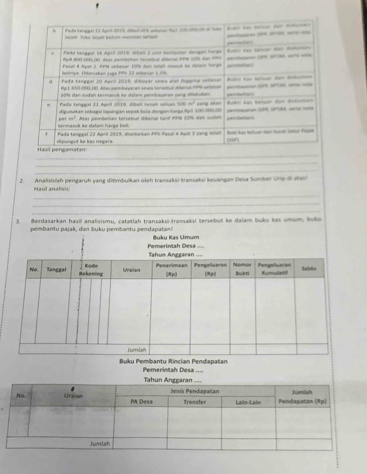 Analisislah pengaruh yang ditimbulkan oleh transaksi-transaksi keuangan Desa Sumber Unp diatasi
_
Hasil analisis:
_
_
3. Berdasarkan hasil analisismu, catatlah transaksi-transaksi tersebut ke dalam buku kas umum, boku
pembantu pajak, dan buku pembantu pendapatan!
Buku Kas Umum
Pemerintah Desa ....
Rincian Pendapatan
Pemerintah Desa ....