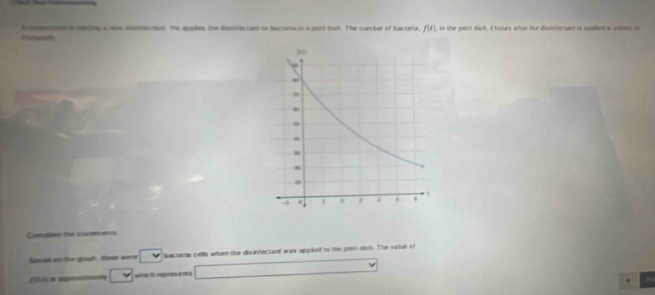 A remher a mtng a rw dissc oes. He apples the dismlectant to bacsena in a petridish. The number of bacteria, f(t) , in the petri dish, I hours after the disinfertent is veshed is simm in 
Complee the satem es 
Baset grotte graph thers were v bacteria cells when the disinfectant was appled to the pen dish. The value of 
appomenly v whc represents □ vee