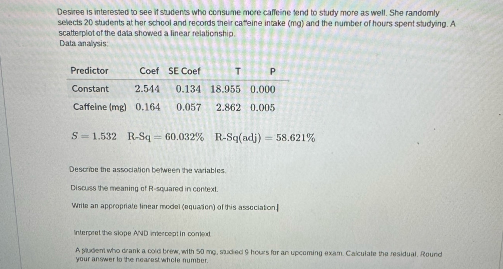 Desiree is interested to see if students who consume more caffeine tend to study more as well. She randomly 
selects 20 students at her school and records their caffeine intake (mg) and the number of hours spent studying. A 
scatterplot of the data showed a linear relationship. 
Data analysis:
S=1.532 R-Sq=60.032% R- Sq(adj)=58.621%
Describe the association between the variables. 
Discuss the meaning of R-squared in context. 
Write an appropriate linear model (equation) of this association.] 
Interpret the slope AND intercept in context 
A student who drank a cold brew, with 50 mg, studied 9 hours for an upcoming exam. Calculate the residual. Round 
your answer to the nearest whole number.