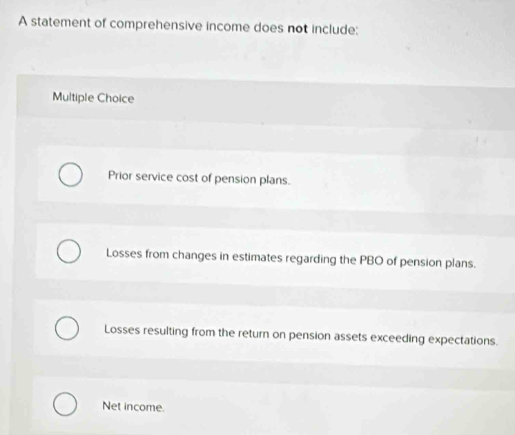 A statement of comprehensive income does not include:
Multiple Choice
Prior service cost of pension plans.
Losses from changes in estimates regarding the PBO of pension plans.
Losses resulting from the return on pension assets exceeding expectations.
Net income.