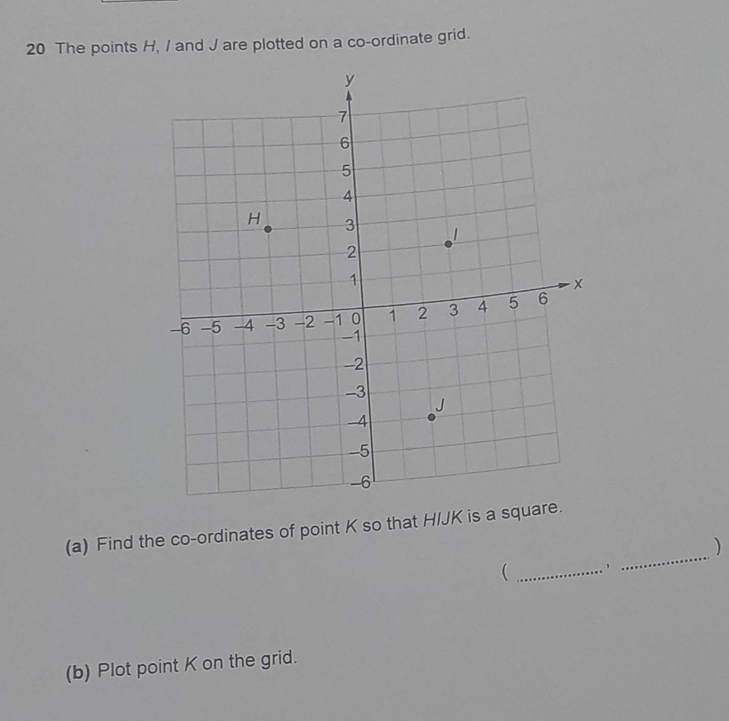 The points H, / and J are plotted on a co-ordinate grid. 
(a) Find the co-ordinates of point K so that HIJK is a square 
) 
_( 
_ 
(b) Plot point K on the grid.